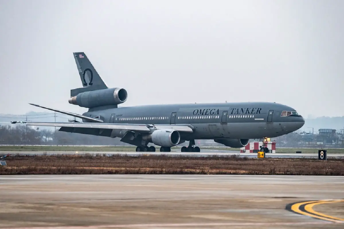 A commercial KDC-10 tanker aircraft lands at Osan Air Base, Republic of Korea, Nov. 27, 2023. For the first time ever, a contracted aerial refueling for a U.S. Air Force aircraft took place to support F?16 Fighting Falcons assigned to the 36th Fighter Squadron, in route to Commando Sling 23. 