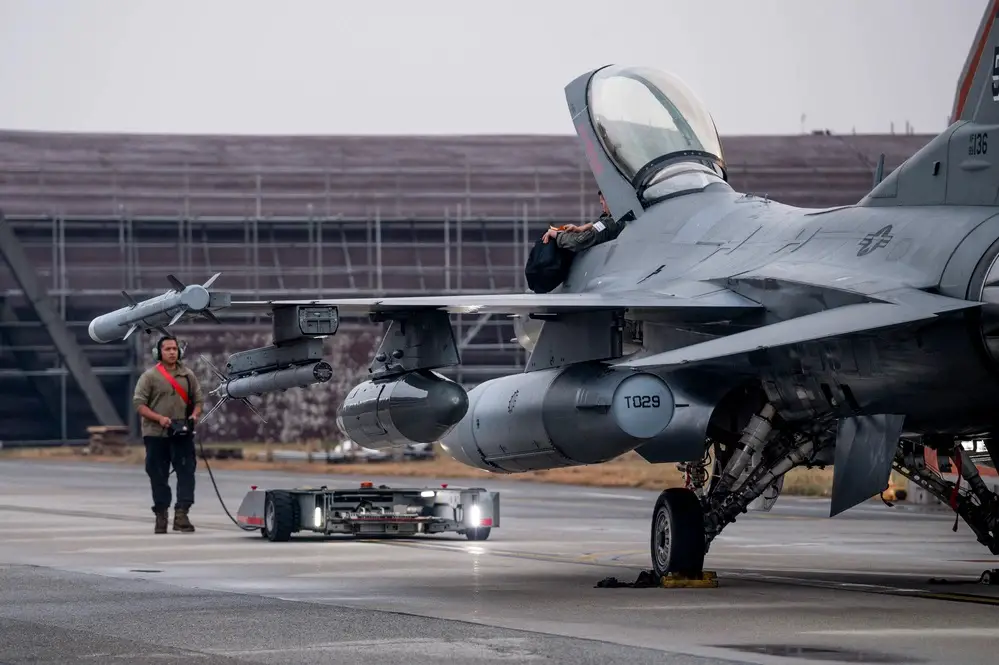 A U.S. Air Force F-16 Fighting Falcon assigned to the 36th Fighter Squadron returns from Commando Sling 23 at Osan Air Base, Republic of Korea, Nov. 27, 2023. The 36th FS flew 60 sorties, consisting of basic fighter maneuvers, air combat maneuvers, defensive counter air and offensive counter air sorties, integrating with various Republic of Singapore Air Force fighter squadrons.