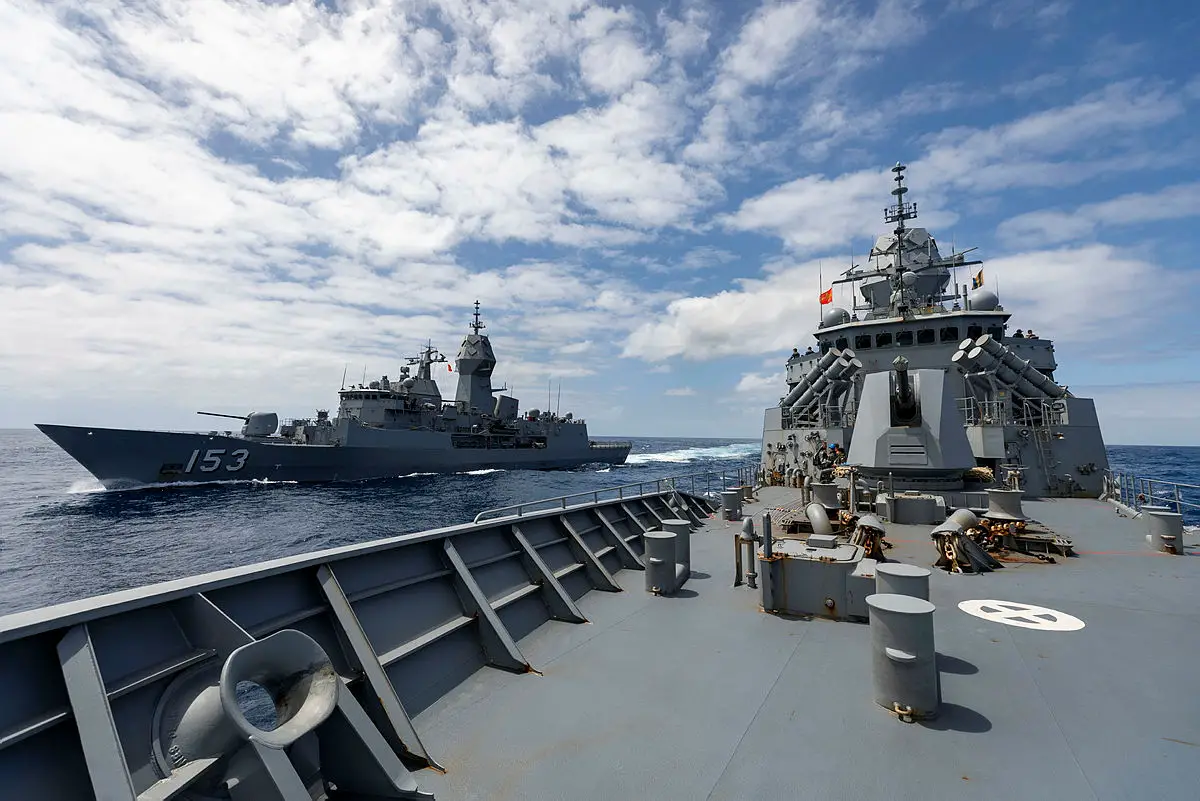 HMAS Stuart makes a replenishment at sea approach alongside HMAS Warramunga while off the coast of Western Australia.
