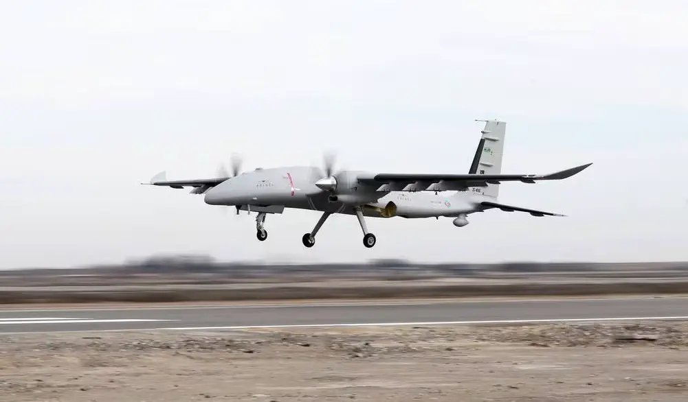 An Akinci unmanned combat aerial vehicle takes flight Feb. 9, 2024, in Azerbaijan. (Azeri government)