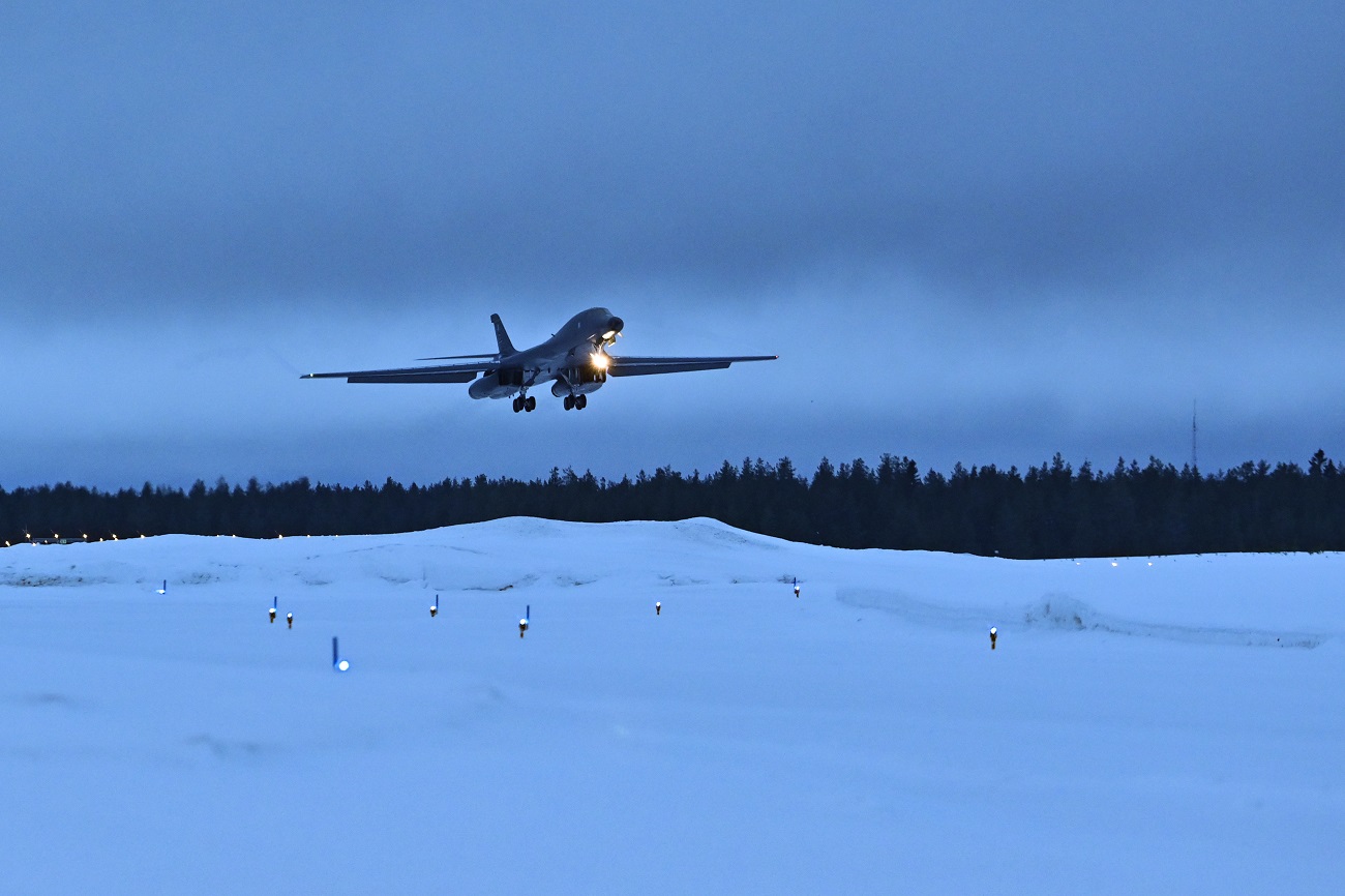 A U.S. Air Force B-1B Lancer assigned to the 28th Bomb Wing, Ellsworth Air Force Base, S.D., approaches the runway as it arrives for Bomber Task Force 24-2 at Luleå-Kallax Air Base, Sweden, Feb. 23, 2024. BTF operations provide U.S. leaders with strategic options to assure allies and partners, while deterring potential adversary aggression across the globe.