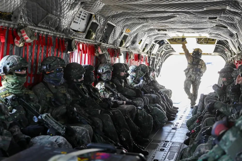 U.S. Army Ch-47F Chinook helicopters, 2nd Division/ROK-U.S. Combined Division, deliver troops to a training area while conducting combined air and ground assault training exercises during Freedom Shield 24, March 13, 2024, at the Korea Combined Training Center in South Korea. 