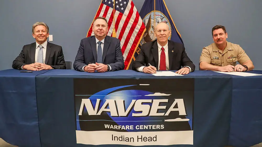 Aerojet Rocketdyne, an L3Harris Technologies company, and Naval Surface Warfare Center Indian Head Division (NSWC IHD) have signed a multi-year agreement to increase production for solid rocket motors.  [Pictured left to right: Tyler Evans, President of Missile Solutions, Aerojet Rocketdyne; Ross Niebergall, President, Aerojet Rocketdyne; Ashley Johnson, Technical Director, NSWC IHD; Navy Capt. Steve Duba, Commanding Officer, NSWC IHD]
