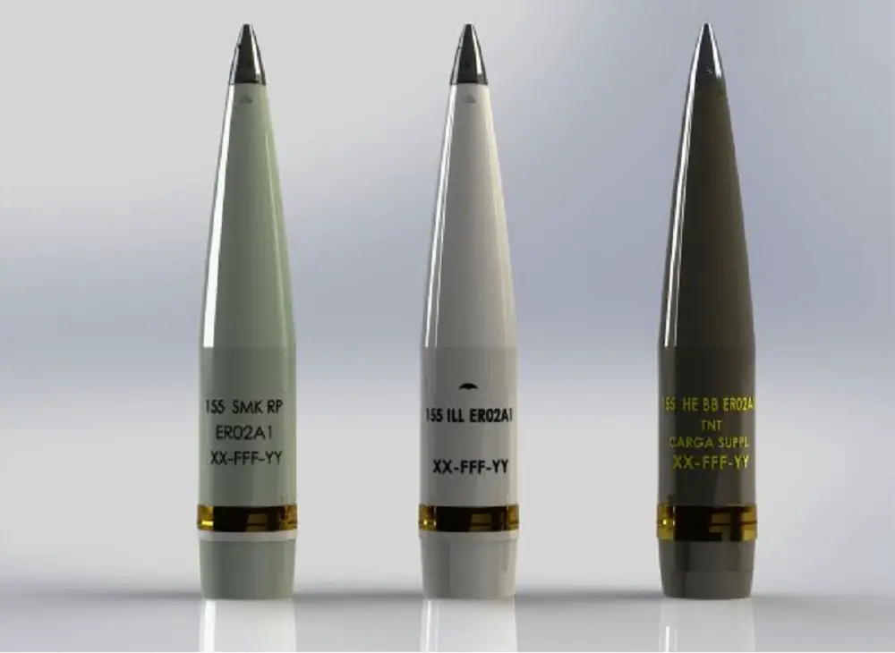 The complete family of Rheinmetall 155 mm extended range projectiles, from left to right, include smoke, illuminating, and high-explosive versions.