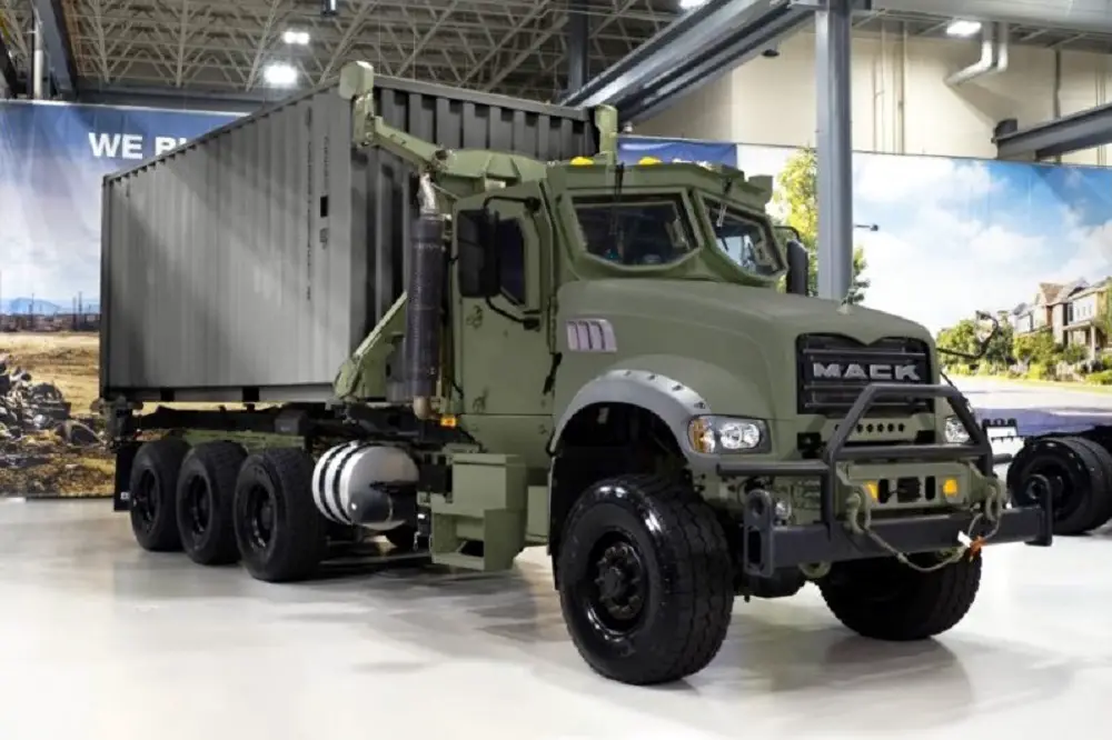 Mack Defense’s Medium Tactical Truck programme for the USMC will leverage technology, including hybrid-electric drive technology, developed for the US Army’s Common Tactical Truck prototypes (example shown). (Photo by Mack Defense)