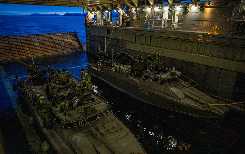 Two Swedish CB90-class fast assault crafts, assigned to Sweden’s 2nd Marine Battalion, prepare to launch from the Whidbey Island-class dock landing ship USS Gunston Hall’s (LSD 44) well deck during Steadfast Defender 24, March 2, 2024.