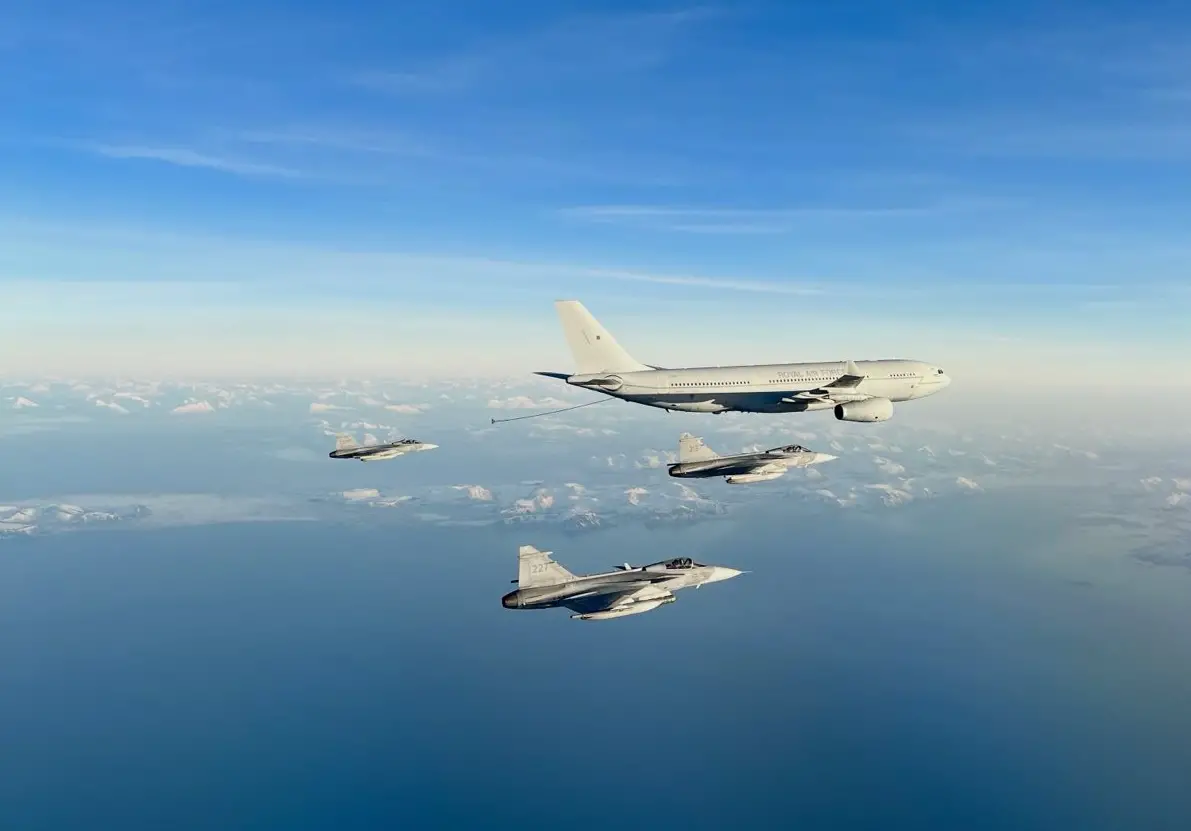 Royal Air Force Voyager Air-to-air Refueller Operates with Swedish Gripen Fighters over Scandinavia