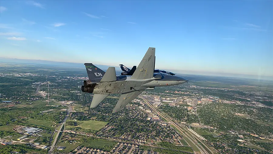 A pair of Canadian-piloted T-38Cs fly over Wichita Falls Texas on their way back to Sheppard Air Force Base following a training flight as part of the Euro-NATO Joint Jet Training Program.
