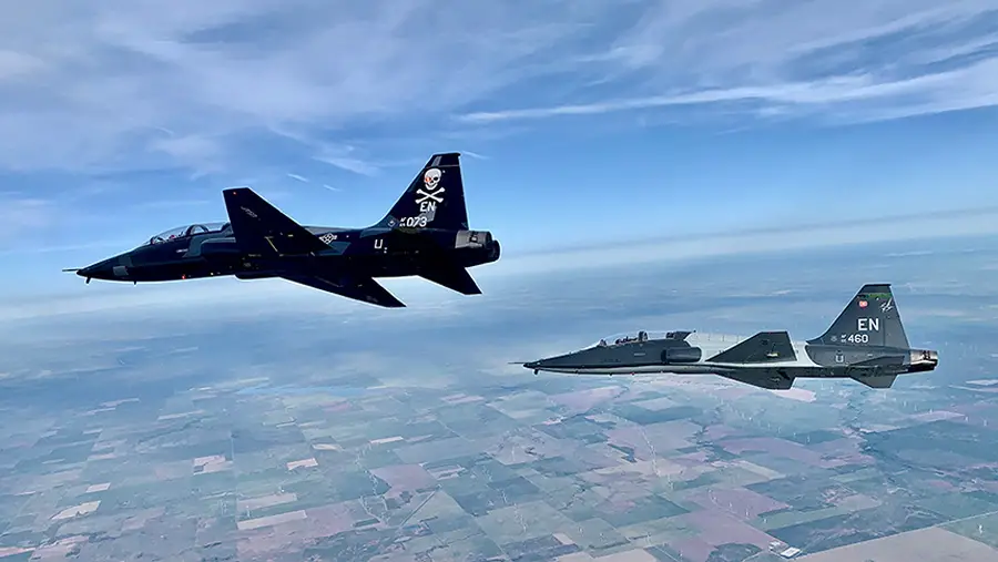 T-38Cs from the US Air Force’s 80th Wing in flight over the Sheppard Air Force Base training area in northern Texas.
