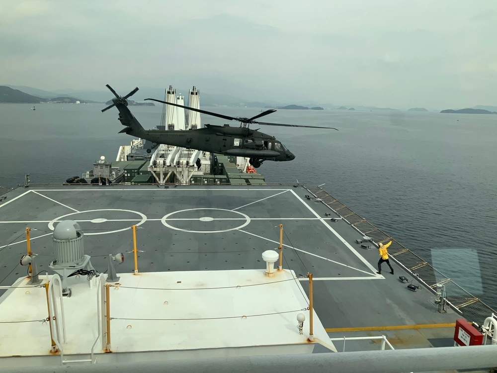 U.S. Army UH-60M Black Hawk helicopter with 2nd Battalion, 2nd Aviation Regiment, 2nd Combat Aviation Brigade takes off from prepositioning ship USNS Dahl (T-AKR 312), March 7. 