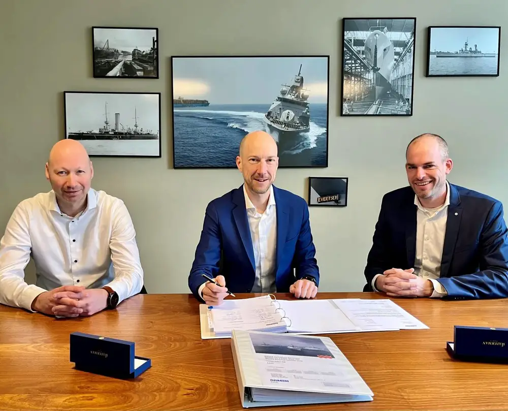 From left to right: Stefan Neyt (Senior Integration Engineer Marine Systems, Damen Naval), Guy Heijnen (CCO, Hatenboer-Water), Marcel van den Berg (Purchaser, Damen Naval). The contract was signed at the Damen Naval Head Office in Vlissingen