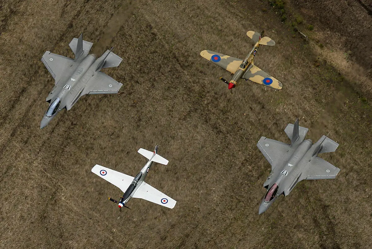 Two F-35A Lightning II aircraft in formation lead a CAC CA-18 Mustang and a Curtiss P-40E Kittyhawk during Warbirds Over Scone 2024.