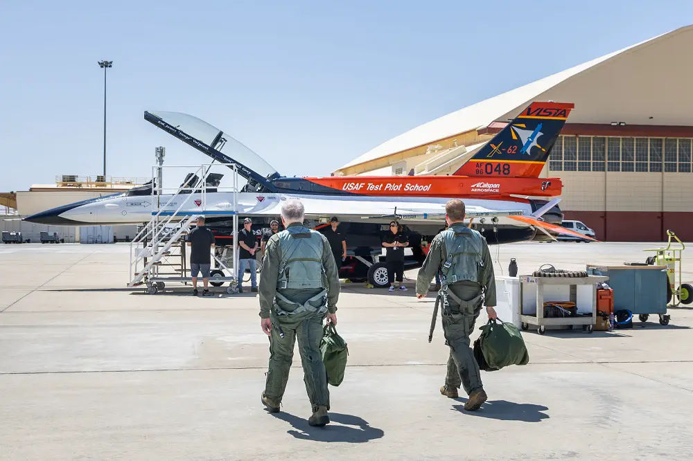 Secretary of the Air Force Frank Kendall prepares to fly in the X-62 VISTA during a visit to Edwards Air Force Base, California, May 2.