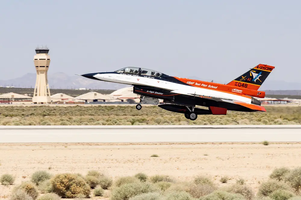 Secretary of the Air Force Frank Kendall, onboard the X-62 VISTA, takes off from Edwards Air Force Base, California, May 2.