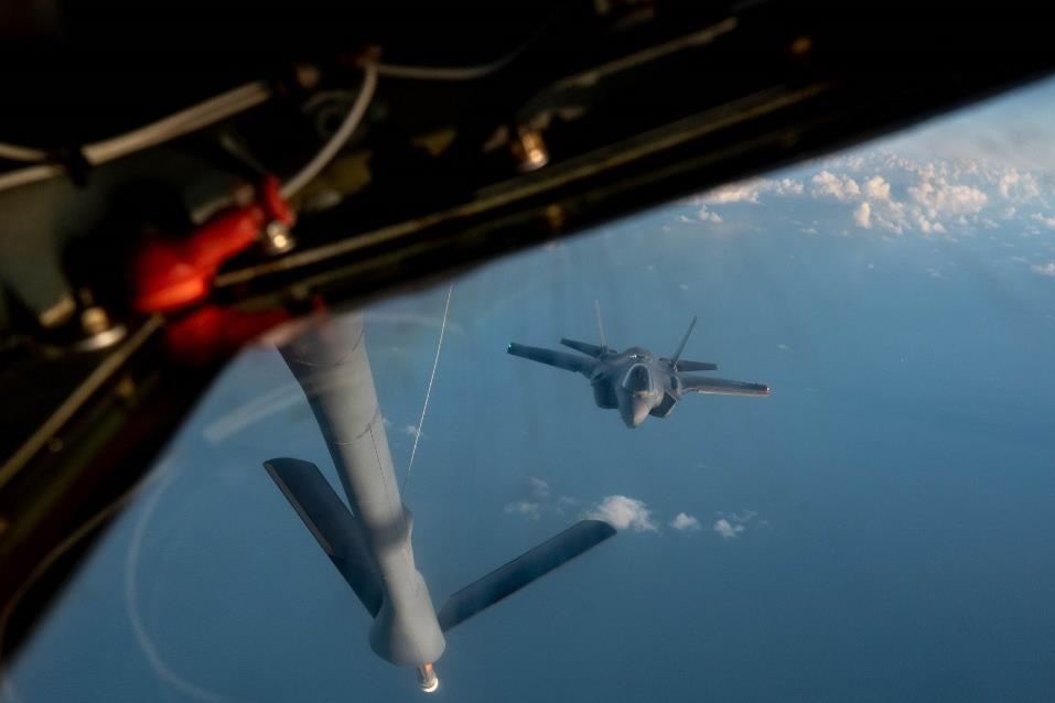 A U.S. Air Force F-35A Lightning II assigned to RAF Lakenheath prepares to receive fuel from a KC-135 Stratotanker over England.  State-of-the-art fighter aircraft together with ground based air defence systems provide an effective IAMD posture. 
