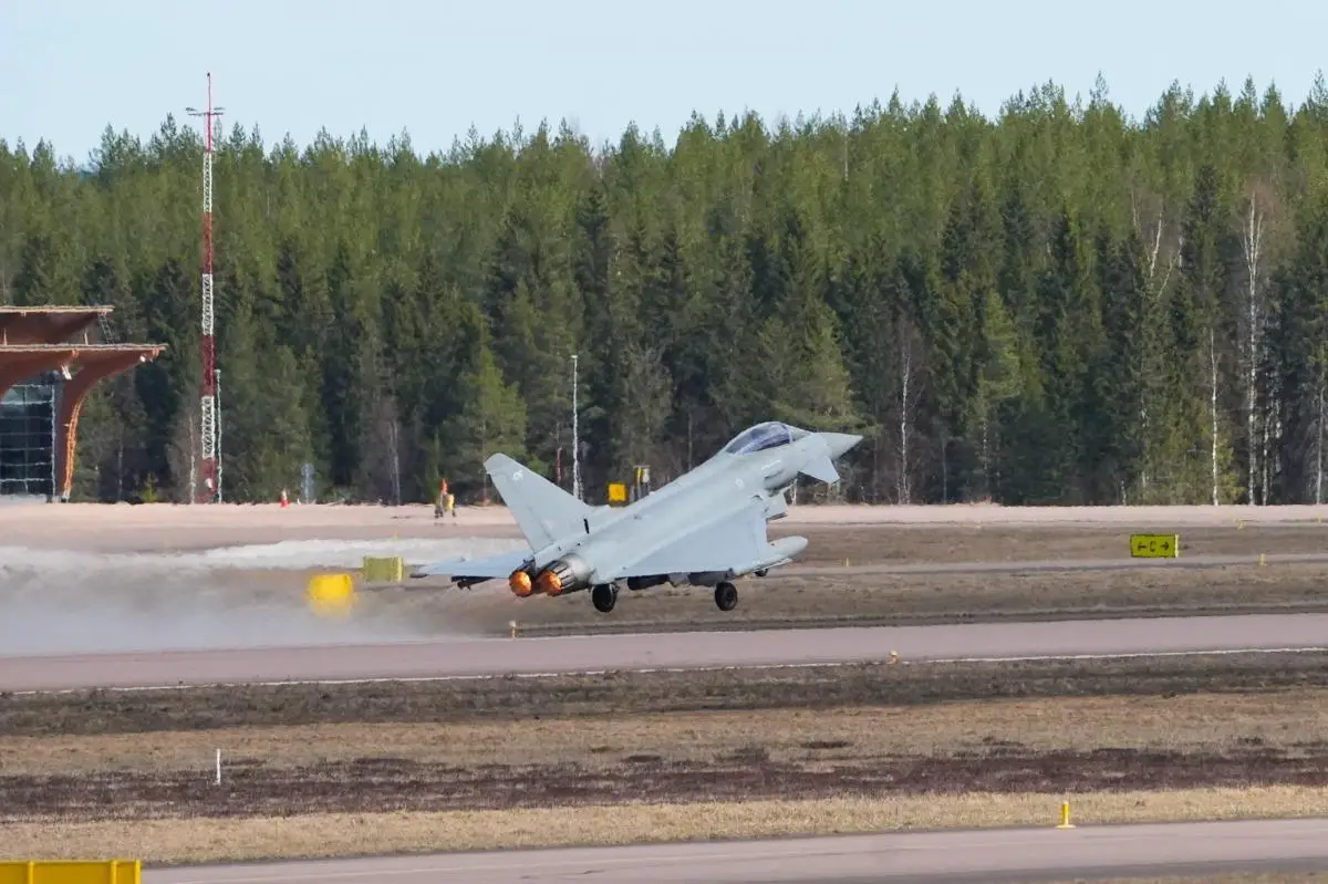 A Royal Air Force Typhoon taking off at Tikkakoski, Finland. A 50-strong detachment of three jets was stationed here for few days demonstrating expeditionary capabilities. Photo crown copyright . 