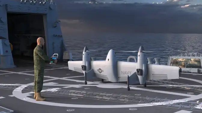 Graphical rendering of a Sikorsky rotor blown wing VTOL UAS ready for launch from a ship’s deck. The tail sitting aircraft flies autonomously via Sikorsky’s MATRIX autonomy system.