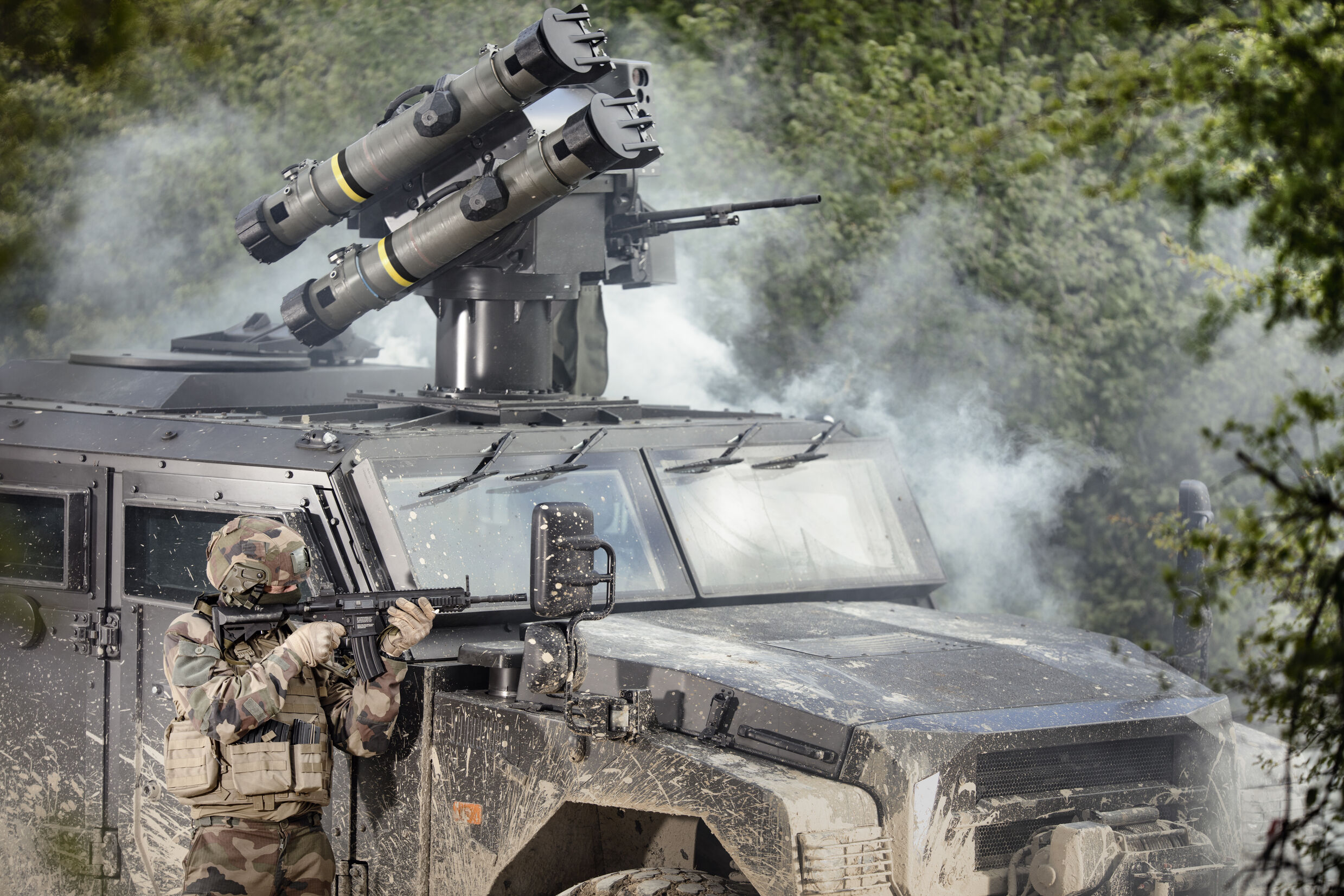 LYNKEUS IMPACT TURRET features a twin launcher on the land variant deploying two ready-to-fire AKERON MP missiles and a 7.62mm general-purpose machine gun.