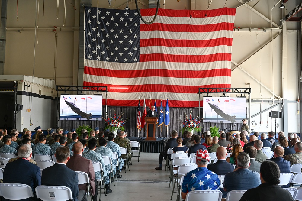 The 85th Fighter Group celebrated a milestone in the Foreign Military Sales Program during the Initial Operational Capability ceremony at Ebbing Air National Guard Base, Arkansas, May 9, 2025. More than 200 guests attended the ceremony, including senior defense officials, industry partners, local civic leaders, and international dignitaries. (U.S. Air Force photo by Senior Airman Abigail Duell)