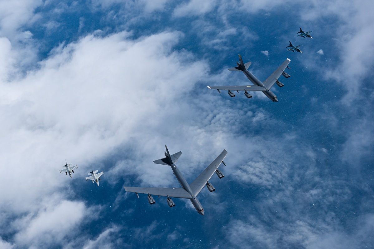 Fighter aircraft from Japan and the Republic of Korea conducted a trilateral escort flight of U.S. bombers operating in the Pacific, July 11, 2025. Two Japan Air Self Defense Force F-2 fighter aircraft and two ROK Air Force KF-16 Fighting Falcons escorted two U.S. Air Force B-52H Stratofortress bombers. The flight continues to demonstrate and train the collective ability to immediately respond to regional security challenges. (Photo courtesy of the ROK AF)