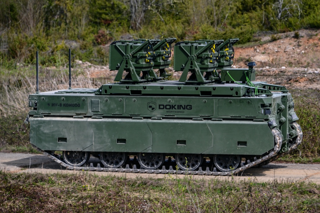 DOK-ING’s MV-8 KOMODO hybrid unmanned ground vehicle (UGV) with DND’s SKORPION2 Scatterable Anti-Tank System