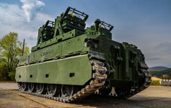 DOK-ING’s MV-8 KOMODO hybrid unmanned ground vehicle (UGV) with DND’s SKORPION2 Scatterable Anti-Tank System