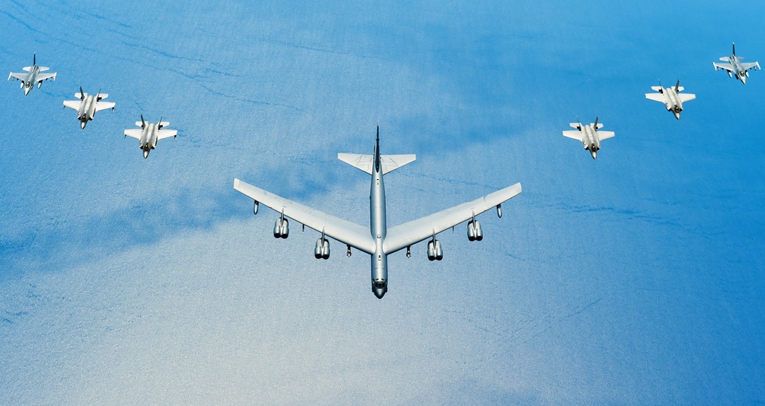 U.S. and Italian Air Forces aircraft consisting of F-35 Lightning IIs, F-16 Fighting Falcons, and a B-52 Stratofortress, fly in formation over the Adriatic Sea during Astral Knight 19, June 4, 2019. Astral Knight is an exercise taking place throughout various locations in Europe, involving over 900 Airmen and supports the collective defense and security of NATO allies and U.S. forces in Europe. (U.S. Air Force photo by Staff Sgt. Joshua R. M. Dewberry)