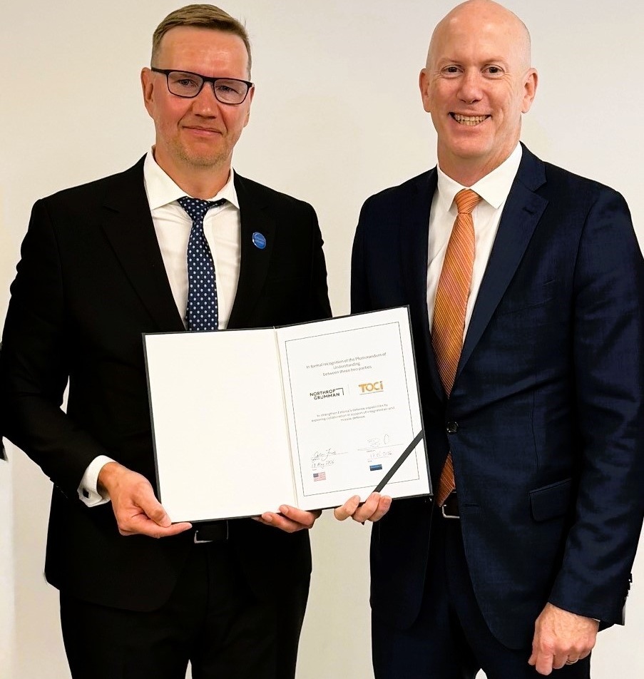 Sven Suurväli, CEO, TOCI, and John Frick, director, strategy and growth, Northrop Grumman, signed a Memorandum of Understanding to collaborate on enhancing air and missile defense capabilities for Estonia. (Photo by Northrop Grumman)