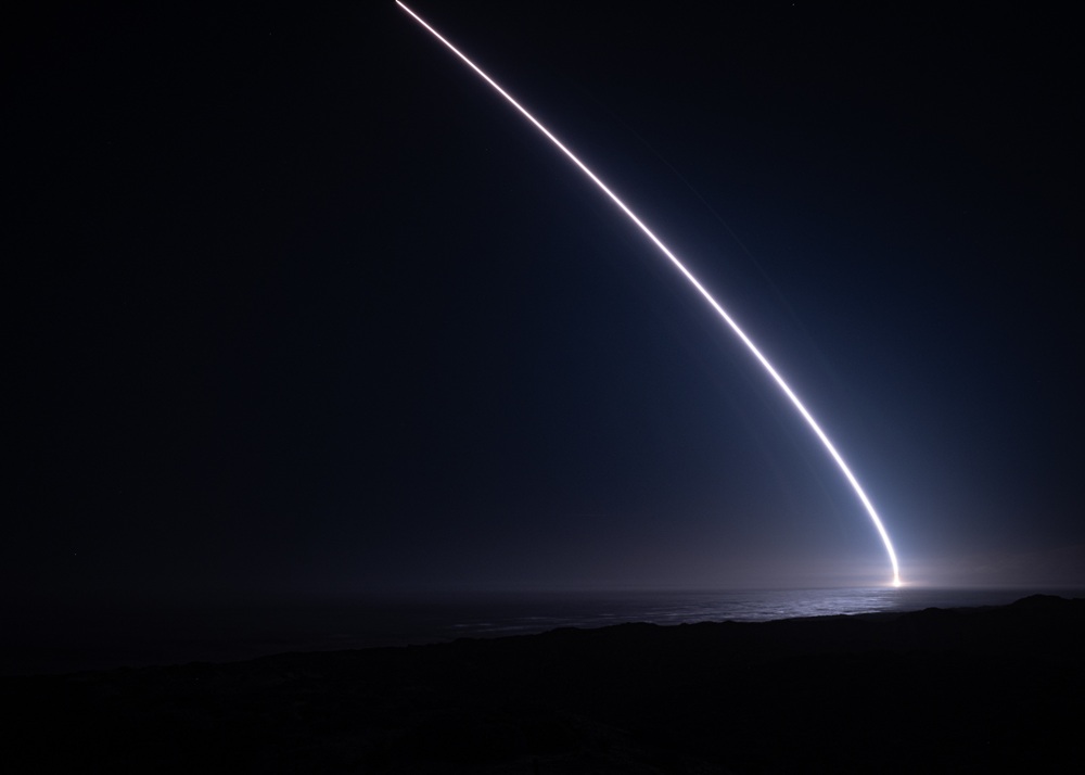 An unarmed Minuteman III Intercontinental Ballistic Missile launches during an operational test at 12:01 Pacific Time, May 20, 2026, at Vandenberg Space Force Base, Calif. ICBM test launches help ensure the U.S. ICBM fleet is ready, reliable and effective. (U.S. Air Force photo by Staff Sgt. Joshua LeRoi)
