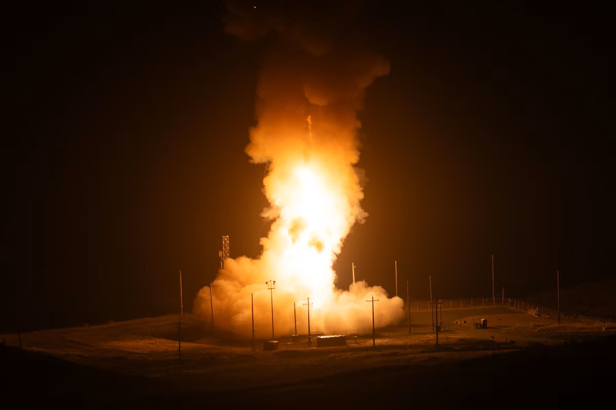 An unarmed Minuteman III Intercontinental Ballistic Missile launches during an operational test at 12:01 Pacific Time, May 20, 2026, at Vandenberg Space Force Base, Calif. ICBM test launches help ensure the U.S. ICBM fleet is ready, reliable and effective. (U.S. Air Force photo by Staff Sgt. Joshua LeRoi)