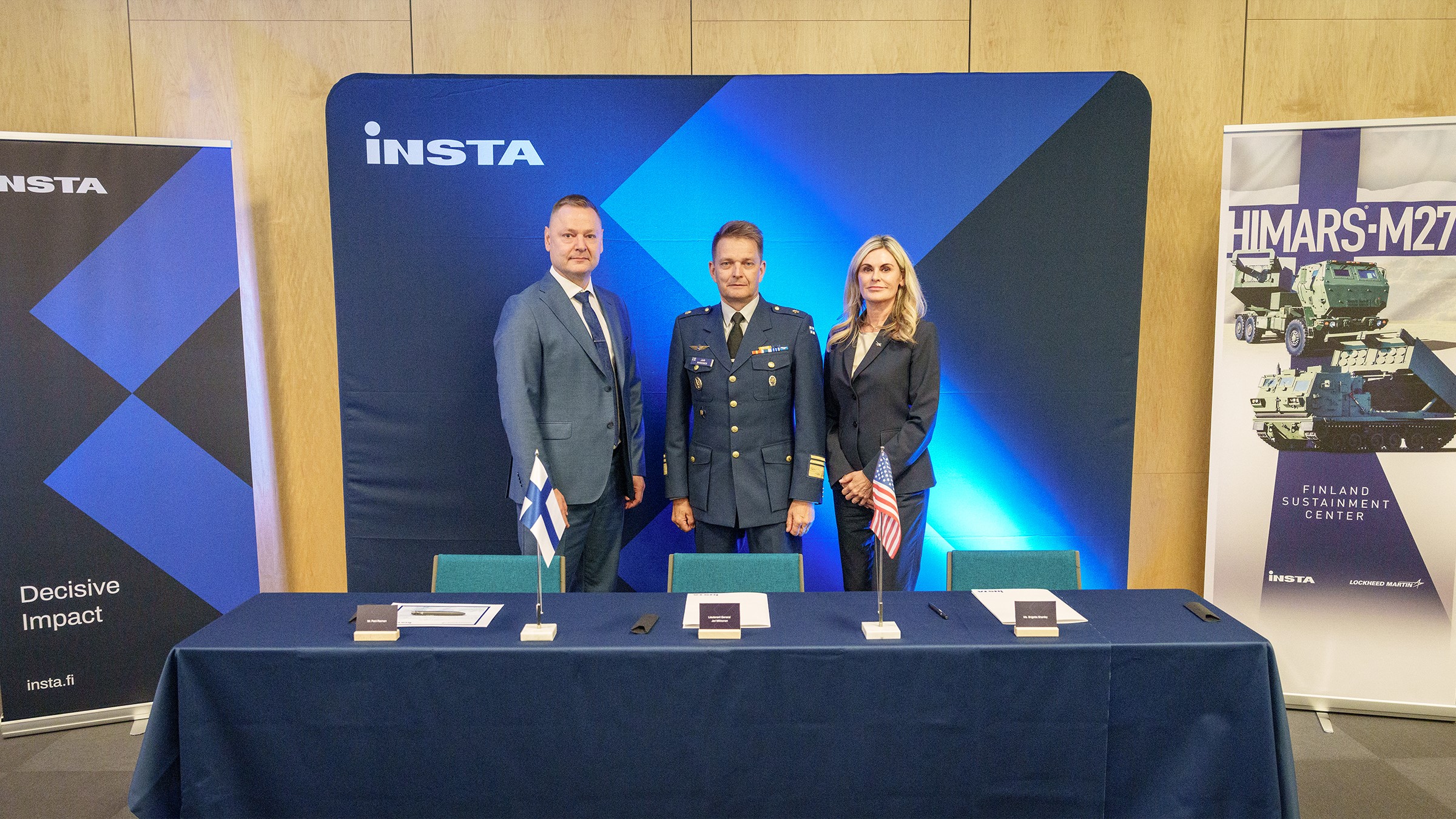 Petri Reiman, CEO from Insta Advance and Lieutenant General Jari Mikkonen, Deputy Chief of Staff, Armaments and Logistics and Brigetta Shanley, Director, Strategy & Buisness Development, Lockheed Martin Aeronautics. (Photo by Lockheed Martin)