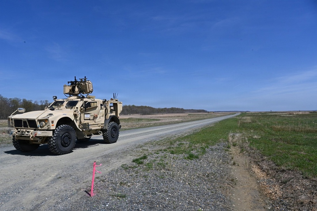 A vehicle with the simultaneous weapon autonomy technology for fire control software installed on a common remotely operated weapon station undergoes testing at Aberdeen Proving Ground in Aberdeen, Md., June 23, 2026.