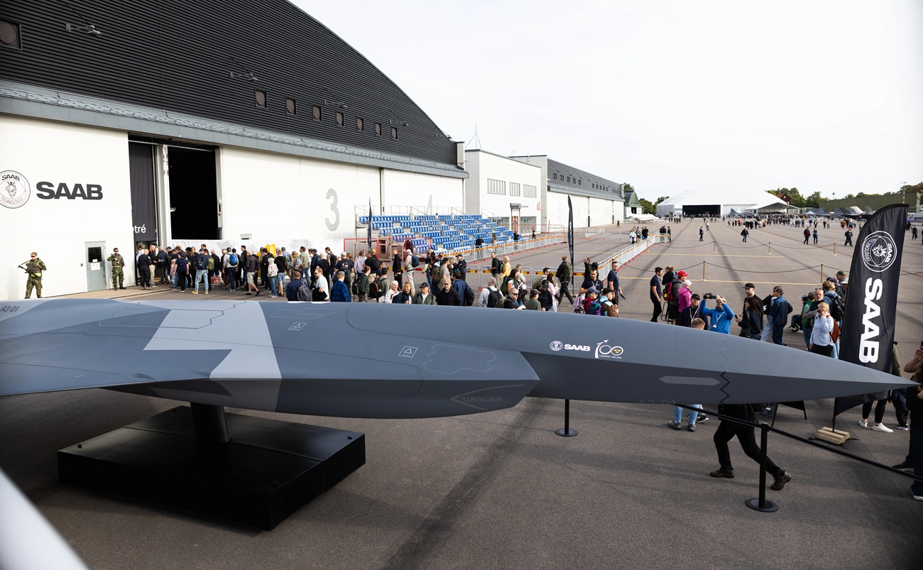 Saab showcases a concept model for a future uncrewed combat air system during the Swedish Armed Forces Air Show.